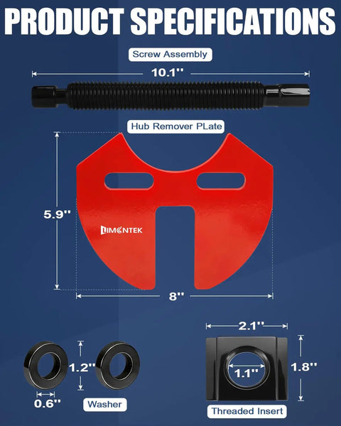 Product specifications for Beefy Wheel Bearing Removal Tool And Hub Puller with screw assembly, hub plate, washer, and threaded insert.