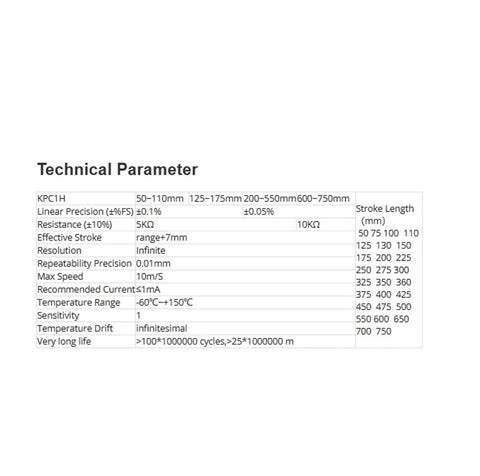 Technical parameters of Displacement Sensor KPC1H 325mm To 700mm Articulated Linear Potentiometer Position Sensor