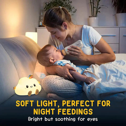 Mother feeding baby with LED Cloud Night Light With 16 Color Options Silicone Cloud Lamp on nightstand for bedroom decor