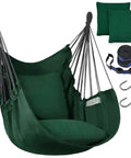 Dark green two cushions included hammock chair with soft cotton handwoven fabric, ropes, straps, and hooks for indoor outdoor use.