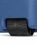 Close-up of the Easy Glide wheel on the massive 45 gallon rolling storage tote in blue for seamless mobility.