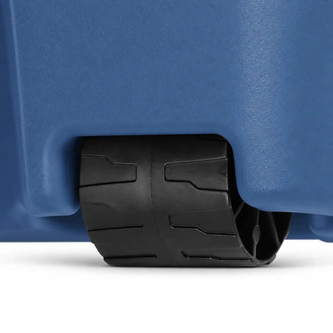 Close-up of the Easy Glide wheel on the massive 45 gallon rolling storage tote in blue for seamless mobility.