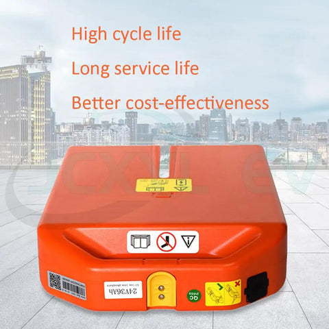 Heavy Duty 24V And 48V LiFePO4 Replacement Battery For Electric Pallet Jacks With Smart BMS Protection Long Cycle Life No Drama Power Delivery For Warehouse Crew Ready To Roll, orange battery pack top view.