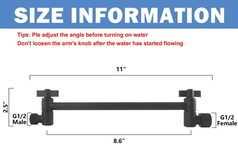 Adjustable Shower Arm 11 Inch Matte Black With Universal Connection Extension Arm For Any Shower Head Or Handheld Shower Easy To Install Anti Leak Upgrades Your Shower Experience With Full Body Rain Downpour size diagram