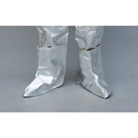 Badass Heavy Duty Heat Resistant Coveralls Featuring Aluminum Foil Thermal Radiation Protection Built For Extreme 1200 Degree Fireproof Flame Retardant Firefighter Jumpsuit close-up of silver foil boots designed for high-temperature environments.