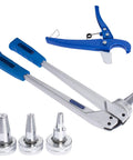 PEX Tube Expansion Tool Kit With One Half Inch Three Quarter Inch And One Inch Expander Heads Meets ASTM F1960 Standards Including Tube Cutting Pliers For ProPEX Expansion, showing tool, pliers, expander heads.