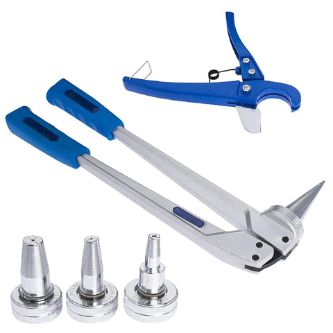 PEX Tube Expansion Tool Kit With One Half Inch Three Quarter Inch And One Inch Expander Heads Meets ASTM F1960 Standards Including Tube Cutting Pliers For ProPEX Expansion, showing tool, pliers, expander heads.