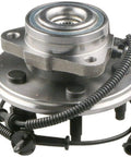 Wheel Hub And Bearing Assembly Front Left And Right 5-Lug With ABS For Ford Explorer 2002-2005 Mercury Mountaineer 2002-2005 Lincoln Aviator 2003-2005 Fits 4X4 And RWD SUVs showing assembled unit with wiring and lug studs