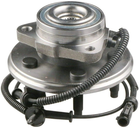 Wheel Hub And Bearing Assembly Front Left And Right 5-Lug With ABS For Ford Explorer 2002-2005 Mercury Mountaineer 2002-2005 Lincoln Aviator 2003-2005 Fits 4X4 And RWD SUVs showing assembled unit with wiring and lug studs