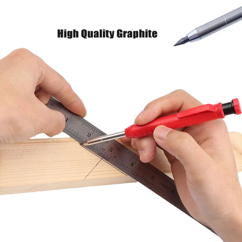 Person using a red scribe tool on wood with a ruler, showcasing Rock Solid 2.8mm Carpenter Pencil Lead Refills 36 Piece Bulk Pack.