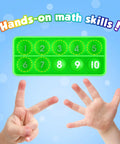Hands showing numbers in front of green ten-frame board, Ten Frame Math Manipulative Set For Elementary Kids.