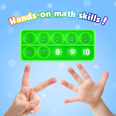 Hands showing numbers in front of green ten-frame board, Ten Frame Math Manipulative Set For Elementary Kids.