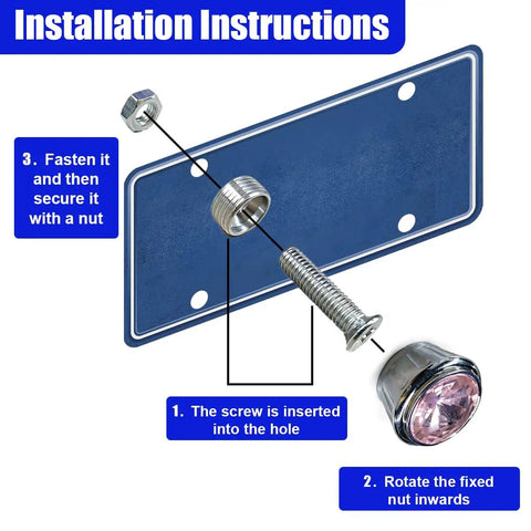 Installation instructions for Fresh Pink Bling License Plate Screws 4 Pack showing screw and nut details with rhinestone cap.
