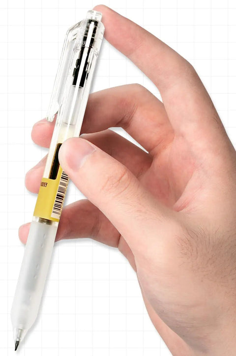Hand holding a pen from 12 Pack 0.5mm Gel Pens Retractable Black Ink Set For Smooth Quick Dry Writing No Smudge Bold Fine Point Ideal For Office School