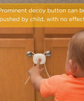 Child pushing decoy button on OutSmart Flex Lock White 4 Pack Childproof Cabinet Lock For Cabinets And Drawers No Drilling