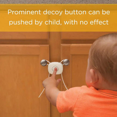 Child pushing decoy button on OutSmart Flex Lock White 4 Pack Childproof Cabinet Lock For Cabinets And Drawers No Drilling