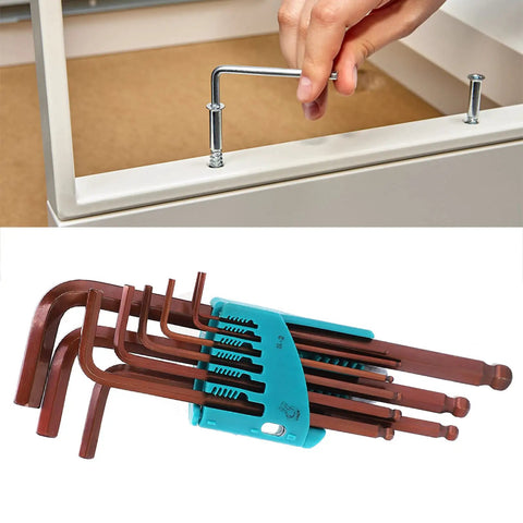 Premium 9 Piece Ball Head Hex Key Wrench Set Made From Alloy Steel With Long Arms For Tight Spots And Deep Holes Perfect For Furniture Assembly Car Fixes Or Home Upgrades That Get The Job Done Right. ball head hex keys in storage holder for furniture assembly