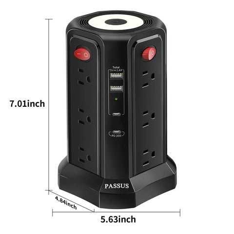 Long 16 Ft Surge Protector Power Strip Tower With PD 20W USB C Night Light Four USB Ports And Four Outlets Flat 45 Degree Plug