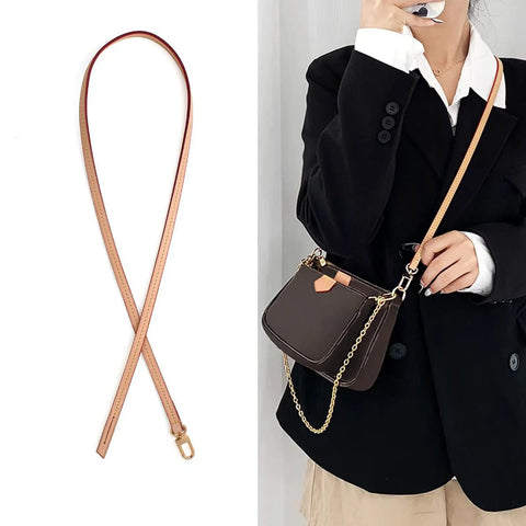 Top Shelf Genuine Vachetta Leather Shoulder Strap Straight Up Fine Short Purse Strap Thin Crossbody Handbag Replacement For Luxury Pochette Bag Apricot Tone on display with a model.
