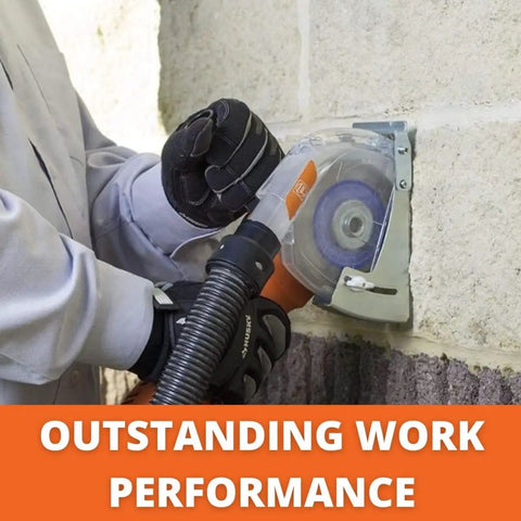 Ecoguard WS Tuckpointing Dust Guard for angle grinders up to five inches in use during masonry work on wall.