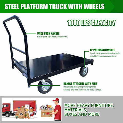 Heavy Duty Steel Platform Truck Smooth Deck Flatbed Dolly 1000 Lb Capacity Portable Cargo Cart 48 by 30 Inch Shop Workhorse Easy Glide Swivel Wheels Warehouse Hauler Move Without The Hustle