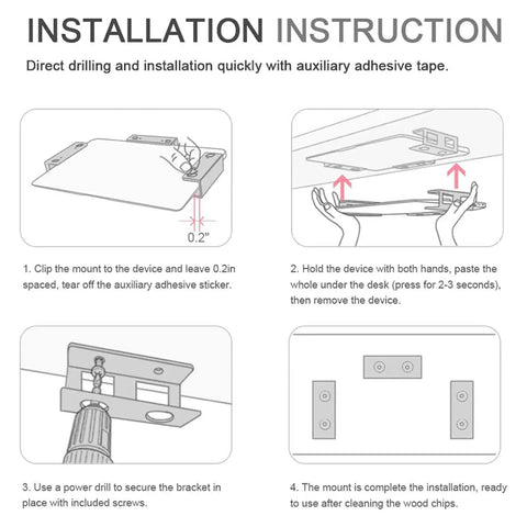 Installation instructions for Hella Sturdy Under Desk Laptop Mount With Heavy Duty Metal Frame And Grippy Silicone Pad in Silver.