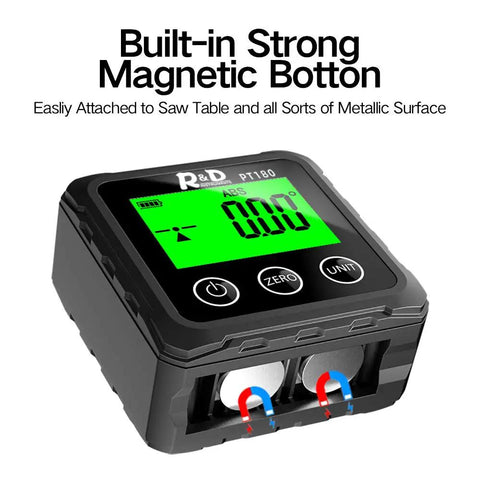 Dope Angle Finder With Magnetic Base PT180 for Woodworking showing LCD and strong magnetic bottom attachment.