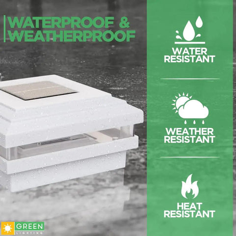 Dual Solar Post Lights For 4x4 And 5x5 Posts White Outdoor Deck And Fence Post Caps, weatherproof and water resistant feature