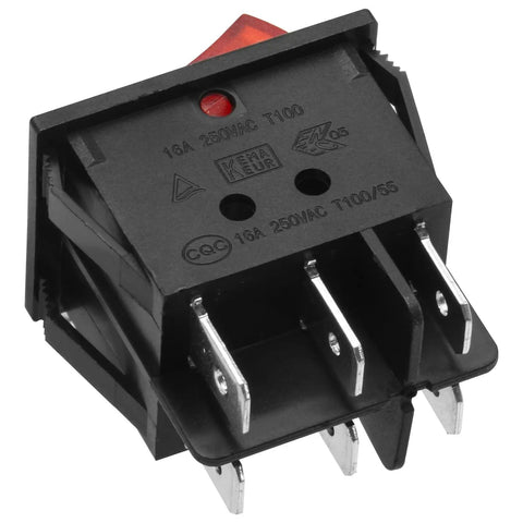 Heavy Duty Double Rocker DPST On Off 6 Pin Power Switch With Red Indicator Light For Industrial Equipment 16A 250V AC Panel Cutout 29x22mm UL VDE Certified Pack Of 2, 6-pin rear view