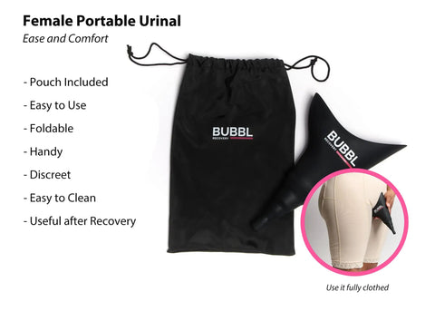 Post Op Recovery Care Bundle For BBL Procedures With Inflatable Chair Lipo Foams Sleeping Pillow Portable Urinal And Electric Air Pump Included, featuring black portable urinal and pouch.