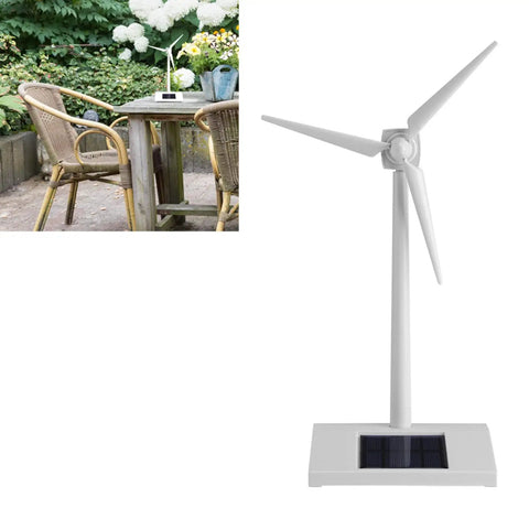 Solar Powered Windmill Model For Desk And Classroom Use Desktop Turbine Kit on outdoor table, spinning blades visible