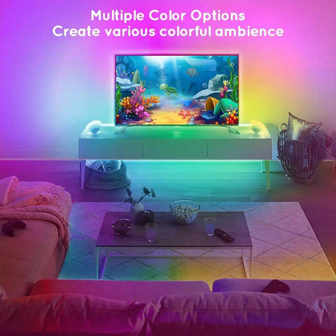 Living room with 8.2ft USB TV Backlight LED Strip Lights For 32 To 58 Inch TVs, 4096 Color DIY Mood Light enhancing ambiance