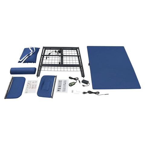 Heavy Duty Electric Bed Backrest With Wireless Remote Control For Elderly Seniors Adjustable Reclining Lift Smooth Operator Ride No Sweat Home Upgrade assembly parts laid out, including blue foam padding and metal frame.