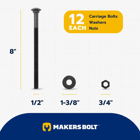 Half Inch Carriage Bolt Kit With 12 Bolts, 12 Washers, And 12 Nuts, Ceramic Black Ruspert Coating for Exterior Use, diagram of sizes.