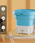 Compact Portable Mini Washing Machine Foldable Washer With Spin Dryer Bucket shown on a table, 2.8L capacity, modes visible