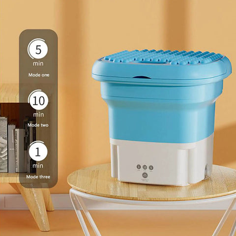 Compact Portable Mini Washing Machine Foldable Washer With Spin Dryer Bucket shown on a table, 2.8L capacity, modes visible