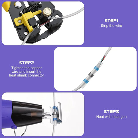 Step-by-step guide using 100Pcs Heat Shrink Solder Seal Wire Connectors And 200Pcs Heat Shrink Tubing Kit With 350W Two Temp Mini Heat Gun For Automotive And Marine Wiring Repair DIY Friendly, including stripping, inserting, and heating wires.