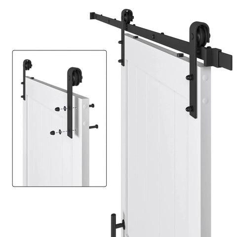 36-Inch By 84-Inch MDF Sliding Barn Door With 6.6-Foot Hardware Kit And Handle, pre-drilled holes, H-frame style detail view