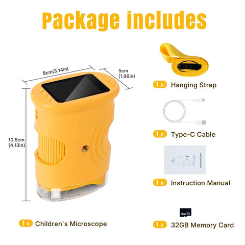 1000x Kid Friendly Handheld Digital Microscope For Kids With 2 Inch IPS Screen Rechargeable Pocket Scope, yellow with strap and cable