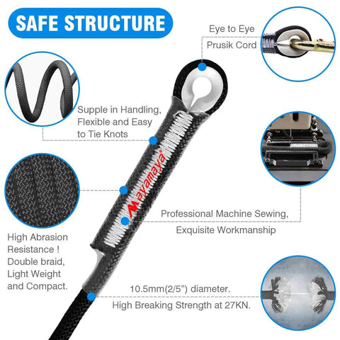 Beefed Up Prusik Cord With Pre Sewn Loop 10mm Climbing Rope Eye To Eye Double Braid 2 Pack CE Certified, safe structure and stitching details