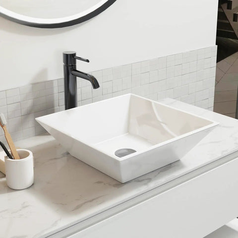 White Square Ceramic Countertop Vessel Sink For Bathroom 16 By 16 By 4.92 Inches Durable Ceramic With No Fuss Surface Mount Installation Sleek Modern Vanity Upgrade For A Fresh Look