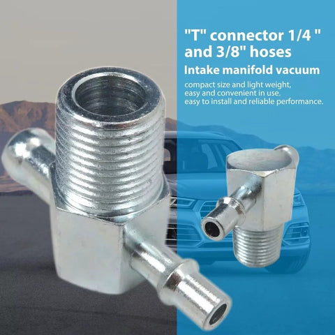 Close-up of zinc-plated steel intake manifold vacuum T-fitting with 3/8 NPT port and 1/4 and 3/8 in hose nipples