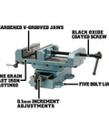 Heavy Duty Cross Slide Drill Press Vise With Eight Inch Jaw Width Two Inch Depth Dead Nuts Precision Longitudinal Adjustment And Five Bolt Mounting Base for shop setup focusing on hardened V-grooved jaws.