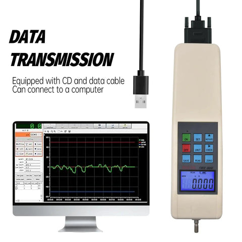 Digital Force Gauge 100N Capacity Handheld Dynamometer For Push Pull Testing With USB Data Output 3 Units N Kgf Lbf 447 Test Storage Auto Peak Modes High Resolution Sensor Easy Data Export, USB cable and PC graph