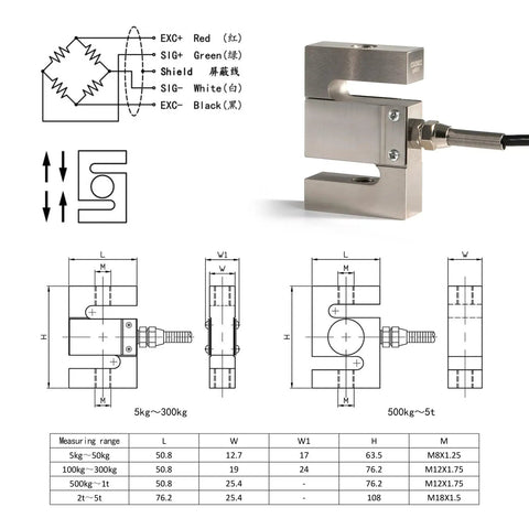 Beefy S Type Load Cell For Tension And Compression With 3m Cable Scale Sensor 5kg To 5t Range IP65 IP66 Waterproof High Precision 2.0 mV per V 0.2 percent Accuracy Industrial Grade Force Weight Sensor For Scales. S-type load cell with wiring diagram and dimensions.