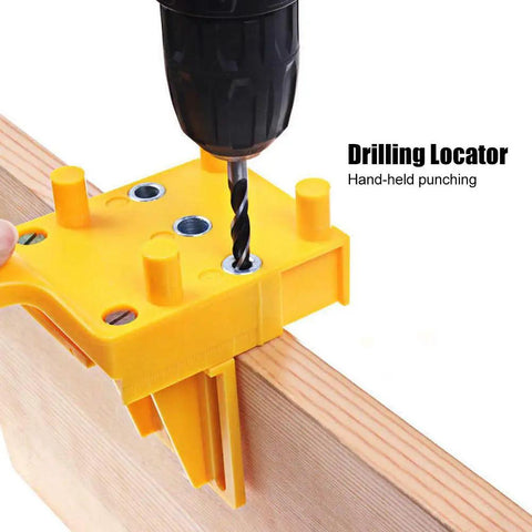 Precision Woodworking Dowel Jig Kit With Rugged Metal Bushings And A Straight Shooter Handle for DIY joinery in use on wood.