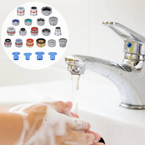 18 Piece Brass Faucet Adapter Kit With Aerators For Sink To Garden Hose And Shower Hose includes multiple adapters near faucet