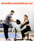 Woman using Heavy Duty Preacher Curl Bench For Home Gym Setup Seated Bicep Curl Station With Barbell And Dumbbell Capability Adjustable