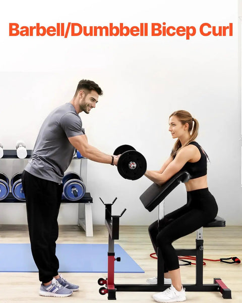 Woman using Heavy Duty Preacher Curl Bench For Home Gym Setup Seated Bicep Curl Station With Barbell And Dumbbell Capability Adjustable