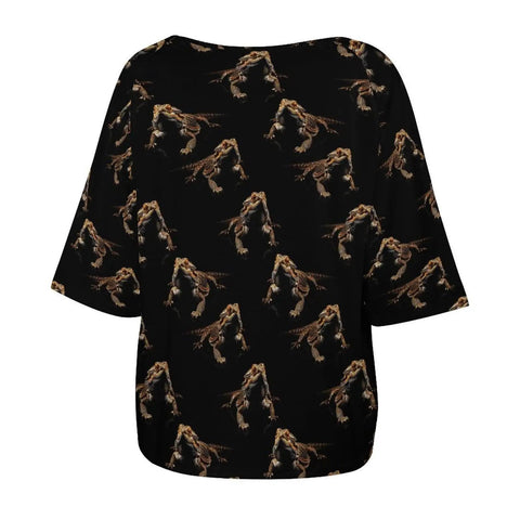 Back view of Women's Short Sleeve Boat Neck Loose Fit Go To Casual Tee With Bearded Dragon Lizard Print, polyester spandex blend